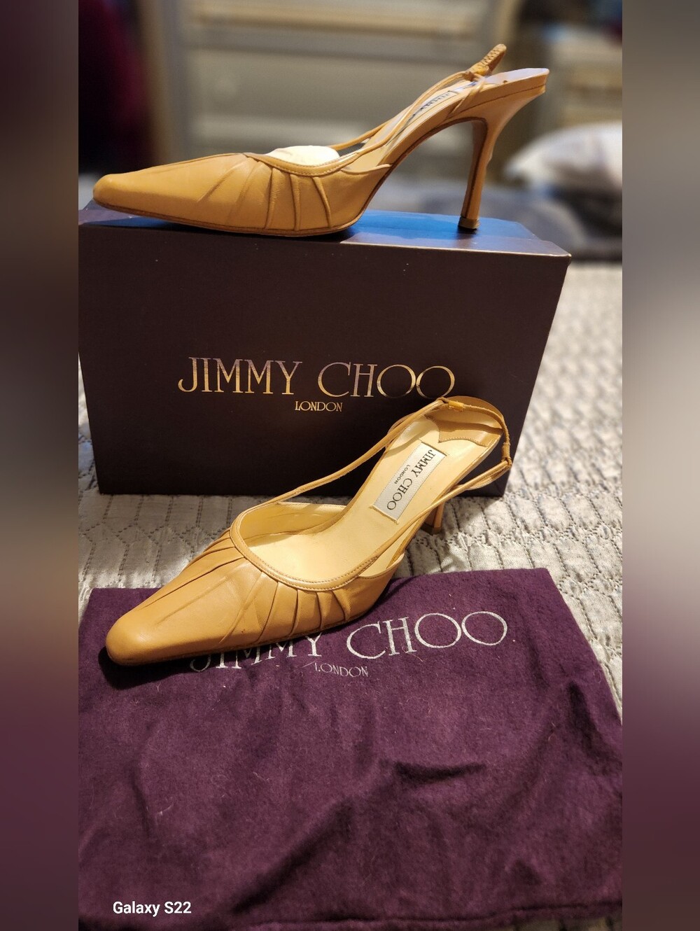 PRELOVED AUTHENIC SIZE 38 1/2 Jimmy Choo CAMEL Tan Leather Slingback Heels